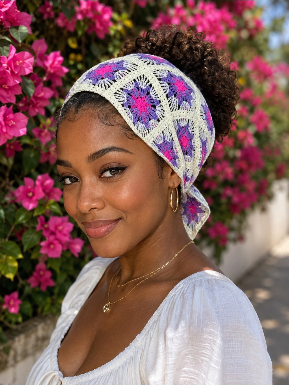 Crochet Floral Headscarf in Purple, Pink & Cream
